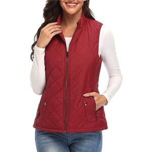 Women's Vest, Quilted Lightweight Zip Pockets Padded Gilet, Wine Red